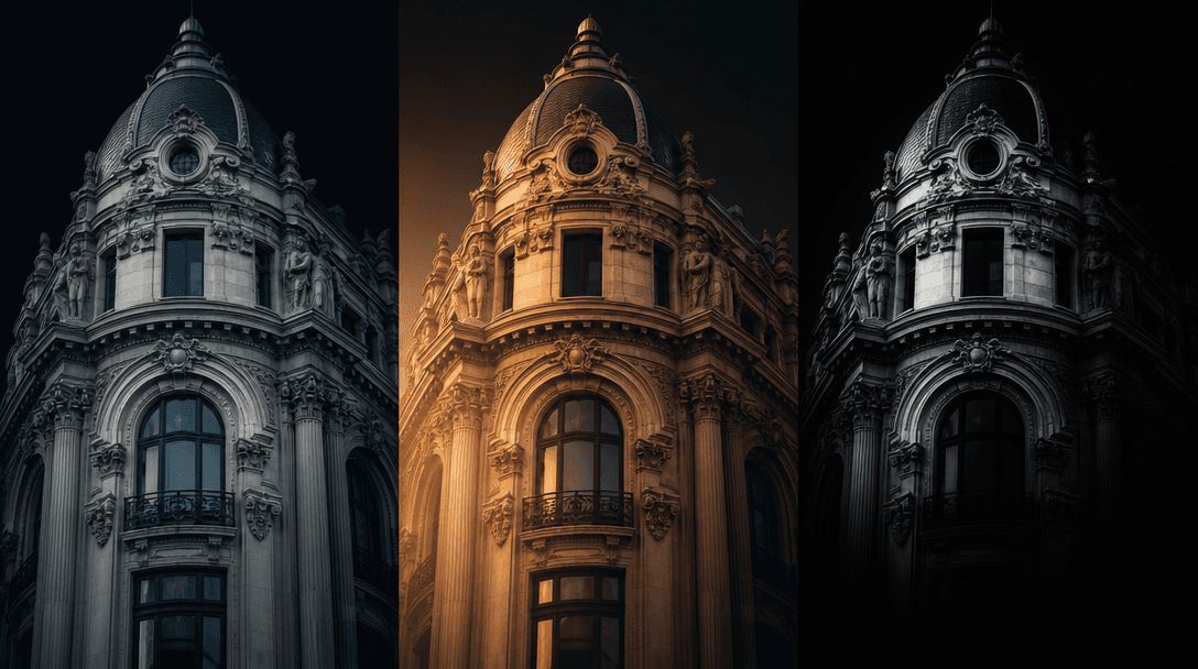 Abstract editorial composition showing three side-by-side narrow strips of the same architectural facade rendered in thr
