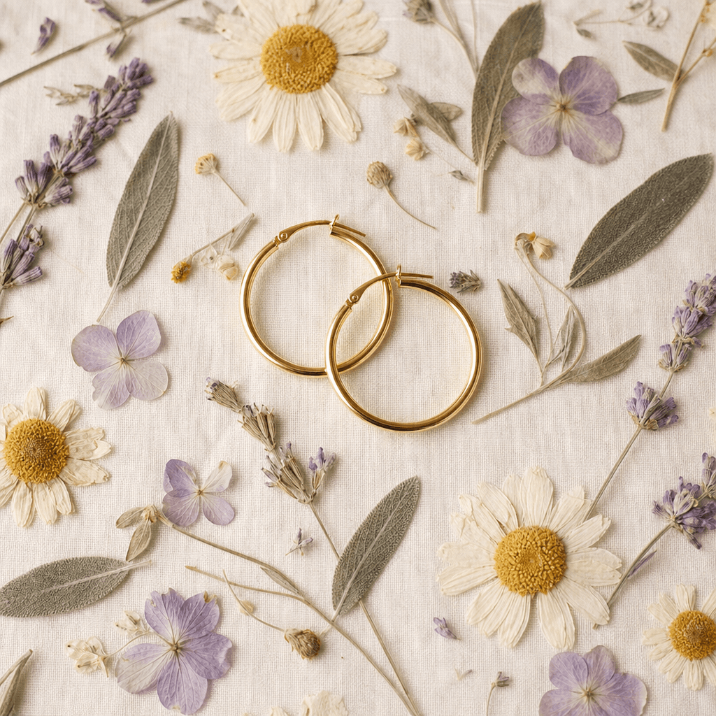 A pair of fine gold hoop earrings resting on a bed of pressed dried flowers — pale lavender, chamomile, and sage arrange