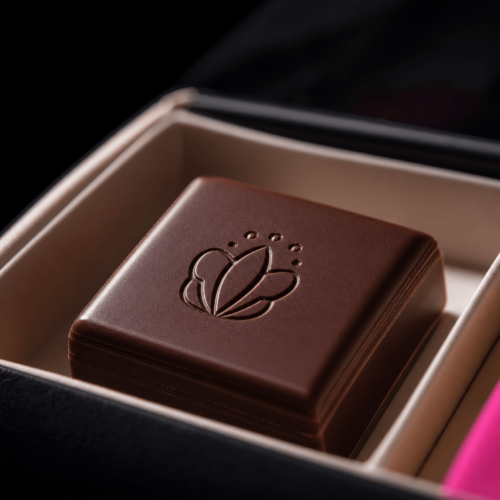Close macro photograph of one logo-stamped artisan chocolate resting inside a premium gift box, showing fine molded edge