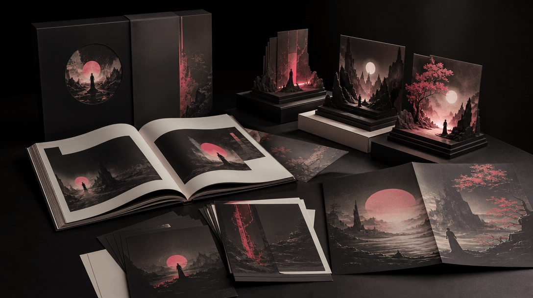 A refined publishing campaign still life featuring an open book, stacked art prints, a folded poster, and small illumina