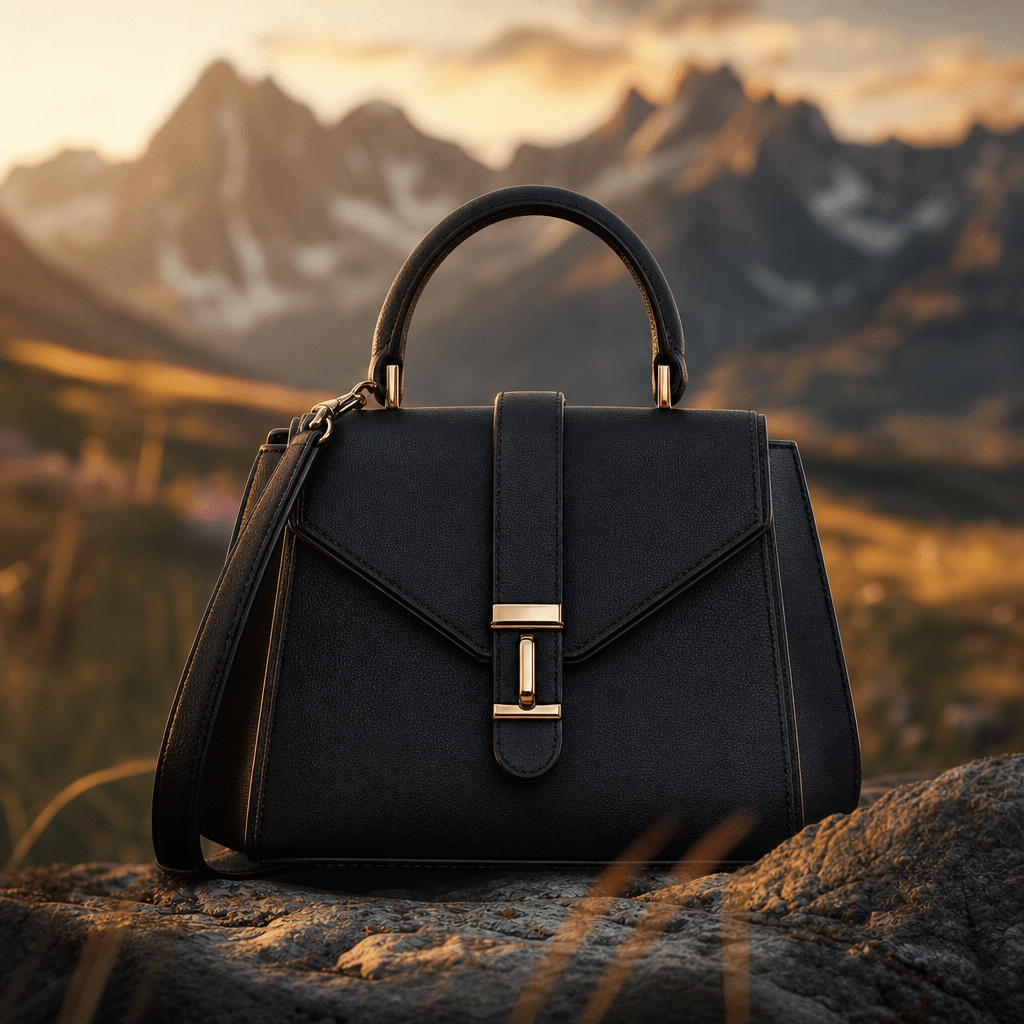 A structured black leather handbag centered against a blurred alpine meadow at golden hour, with grasses and distant flo
