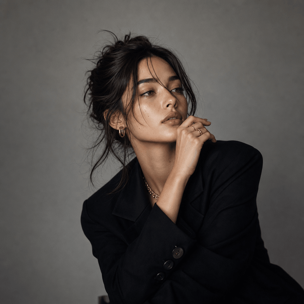 Editorial portrait pose two, different angle and expression, studio lighting, fashion editorial styling, three-quarter v