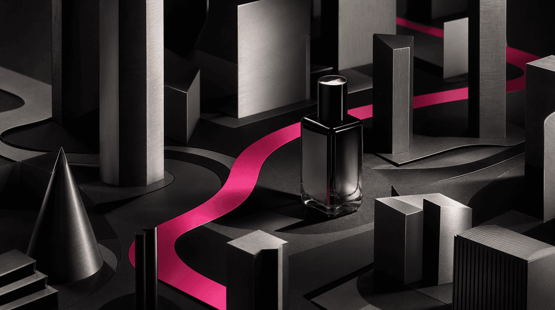 An abstract campaign set assembled from black paper streets, brushed metal towers, a polished beauty bottle, and a singl