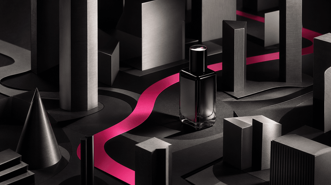 An abstract campaign set assembled from black paper streets, brushed metal towers, a polished beauty bottle, and a singl
