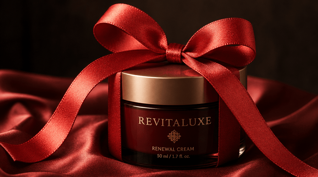Detailed close-up of red ribbon smoothly wrapping around a beauty product, cloth drapes realistically, bow ties with nat