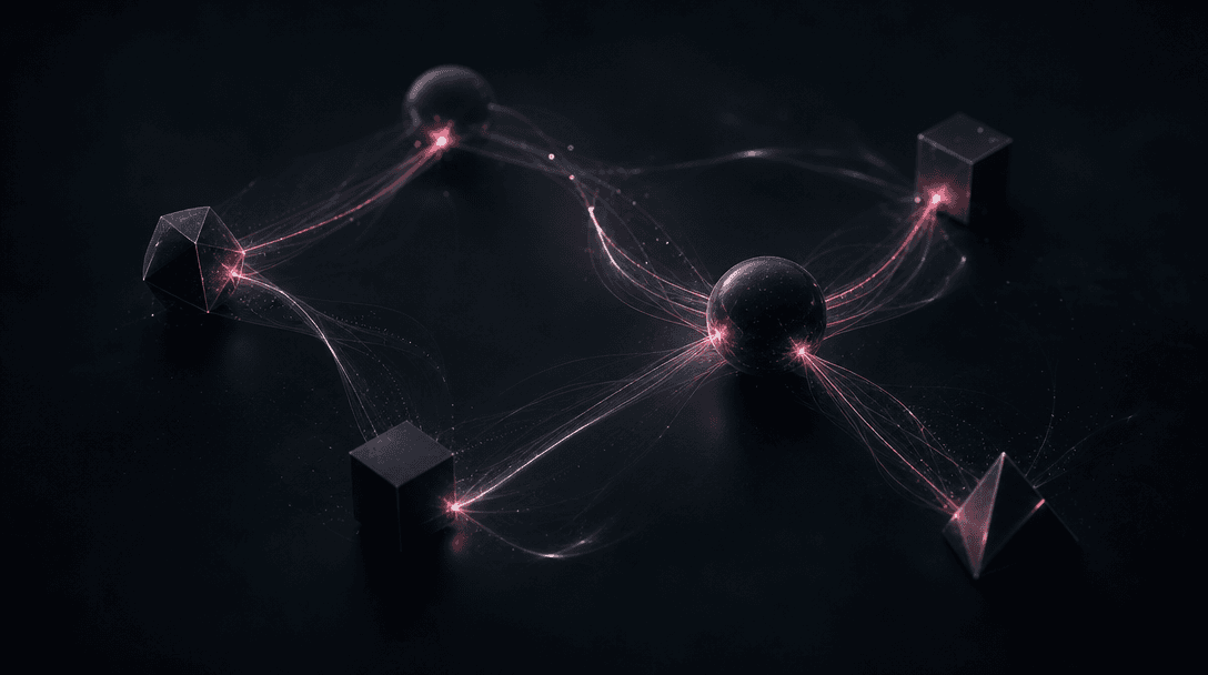 Abstract dark studio scene with softly glowing geometric light traces on deep charcoal, faint hot pink accent highlights