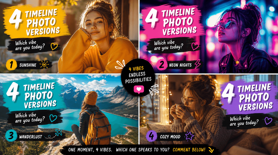 Social media grid layout showing four timeline photo versions in 2×2 grid, vibrant colors, Instagram/TikTok aesthetic, d