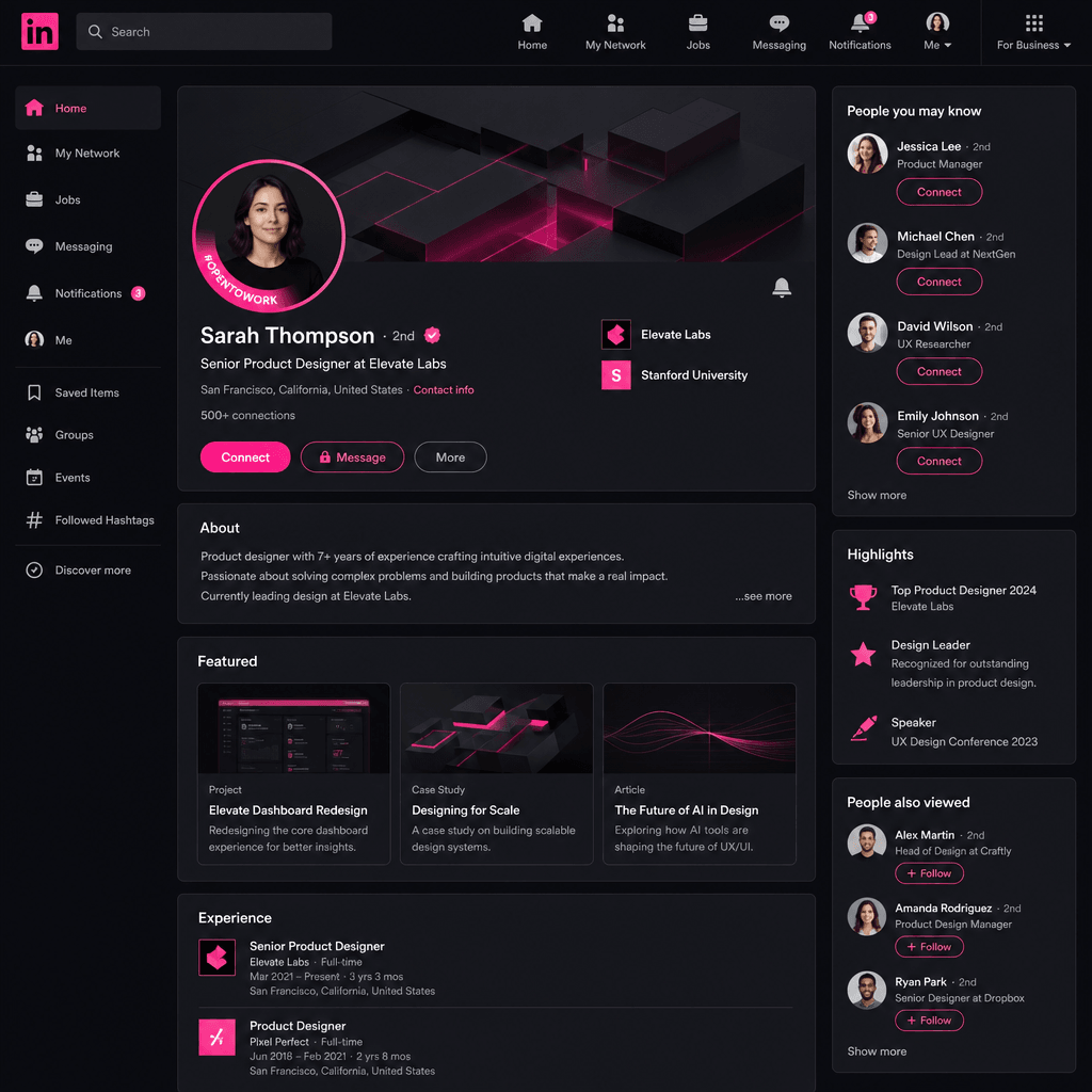 LinkedIn profile interface mockup on dark background, hot pink accent highlights on buttons and profile elements, profes
