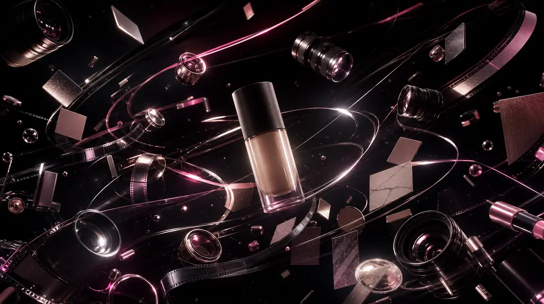 A cinematic constellation of camera lenses, film strips, polished cosmetic objects, and luminous material swatches orbit