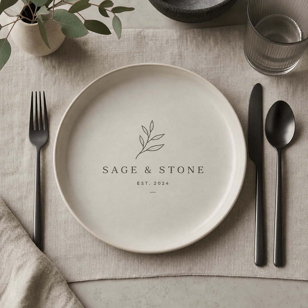 Modern minimalist place setting featuring clean logo design on ceramic plate, contemporary flatware, subtle texture, neu