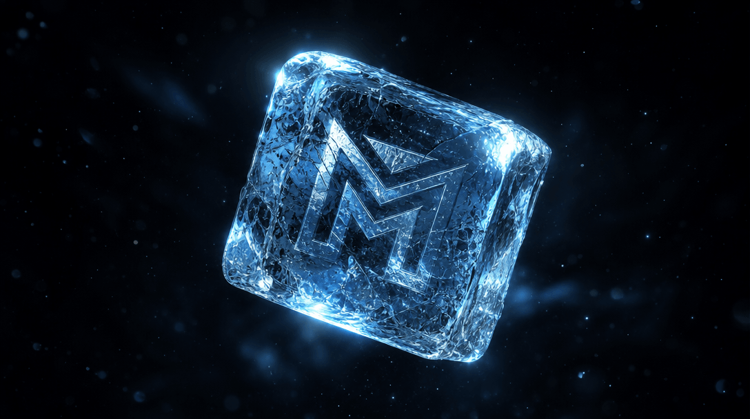 Abstract composition showing ice cube floating in dark space, logo visible inside with light refraction patterns, crysta