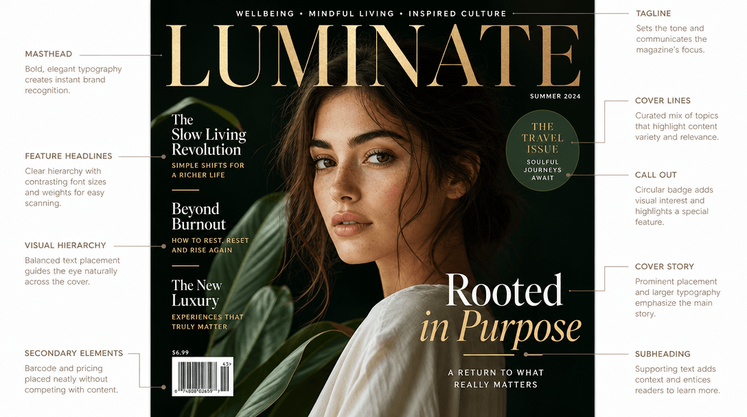 Magazine cover layout overview showing balanced typography, feature headlines, subheadings, and cover story positioning,