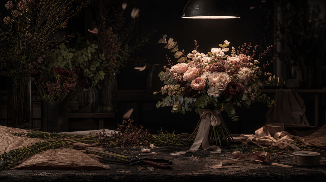 A florist worktable in a dark studio with one finished bouquet illuminated by a focused overhead light, loose stems, rib