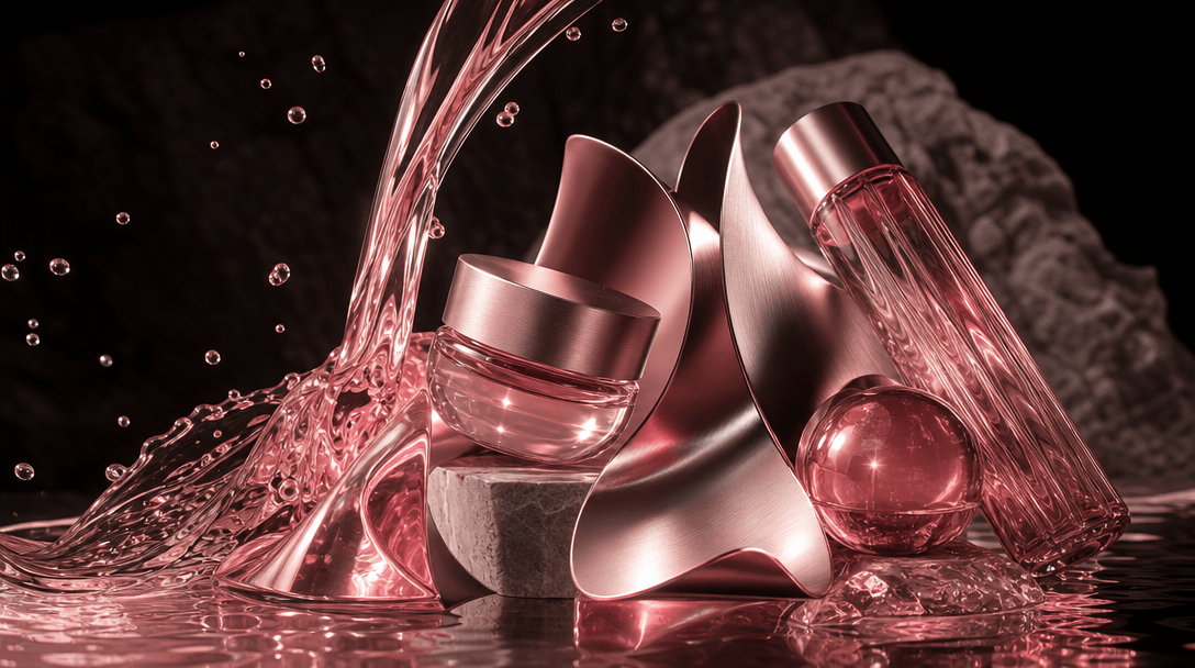Rosé liquid flowing around brushed metal, glossy lacquer, and translucent cosmetic packaging materials arranged like a p