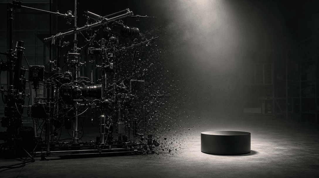 A complex physical studio rig dissolving into one clean product pedestal, symbolizing simplified production, dark wareho