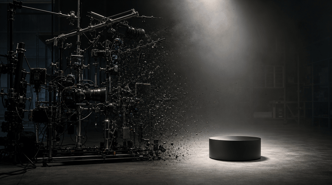 A complex physical studio rig dissolving into one clean product pedestal, symbolizing simplified production, dark wareho