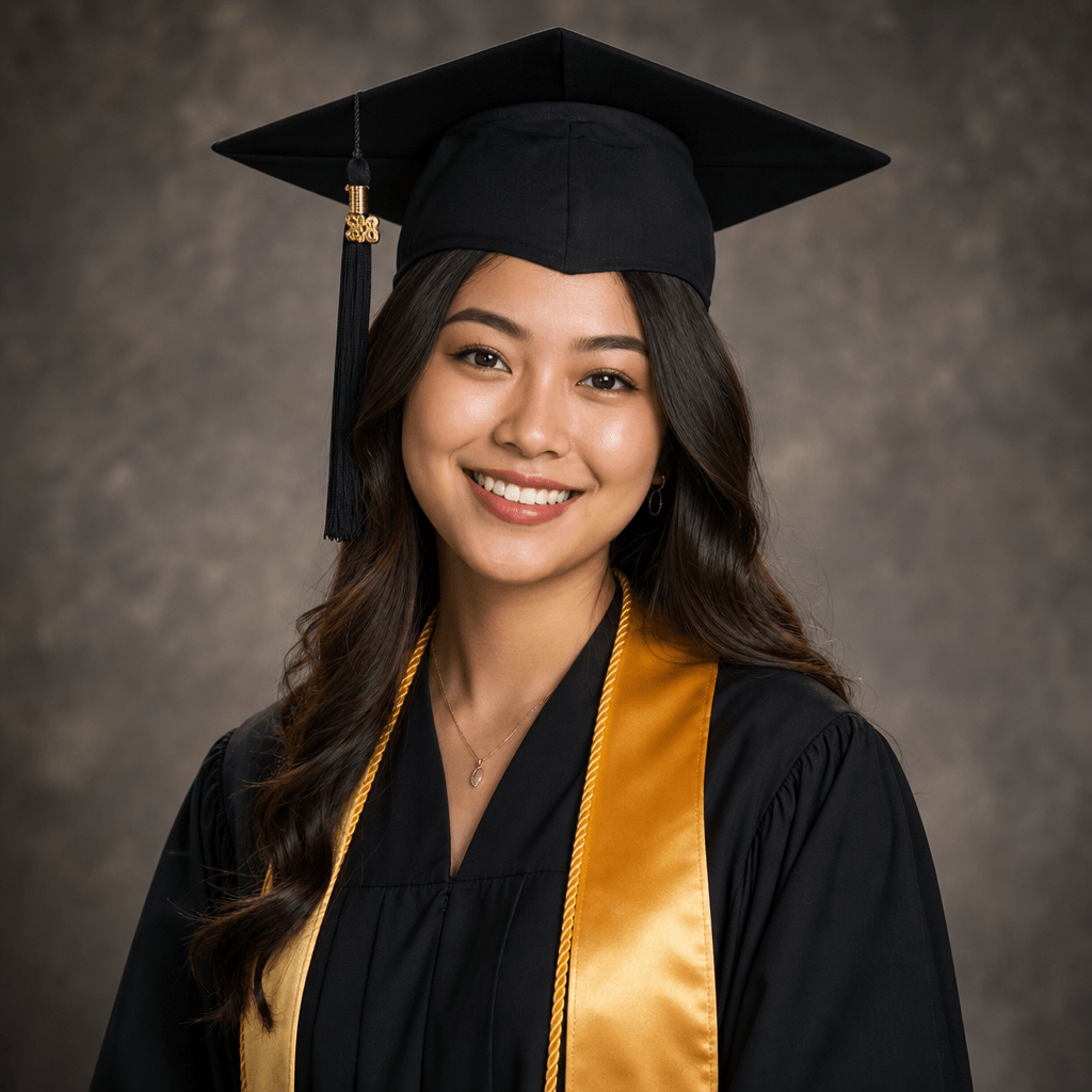 Young adult in graduation regalia, smiling warmly, natural confident expression. Professional portrait lighting, soft sh