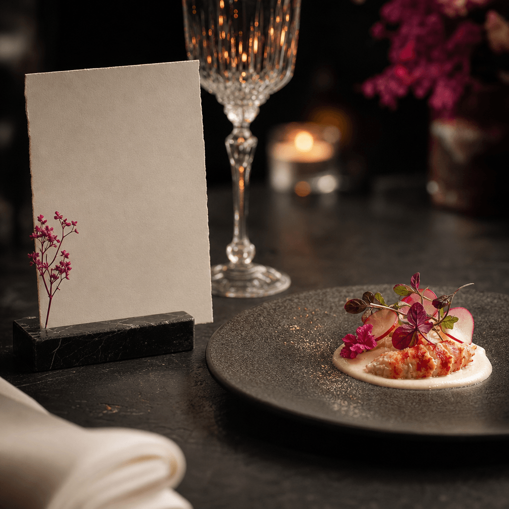 An upscale fine-dining review card displayed beside an artfully plated tasting course on dark stone, candle glow reflect