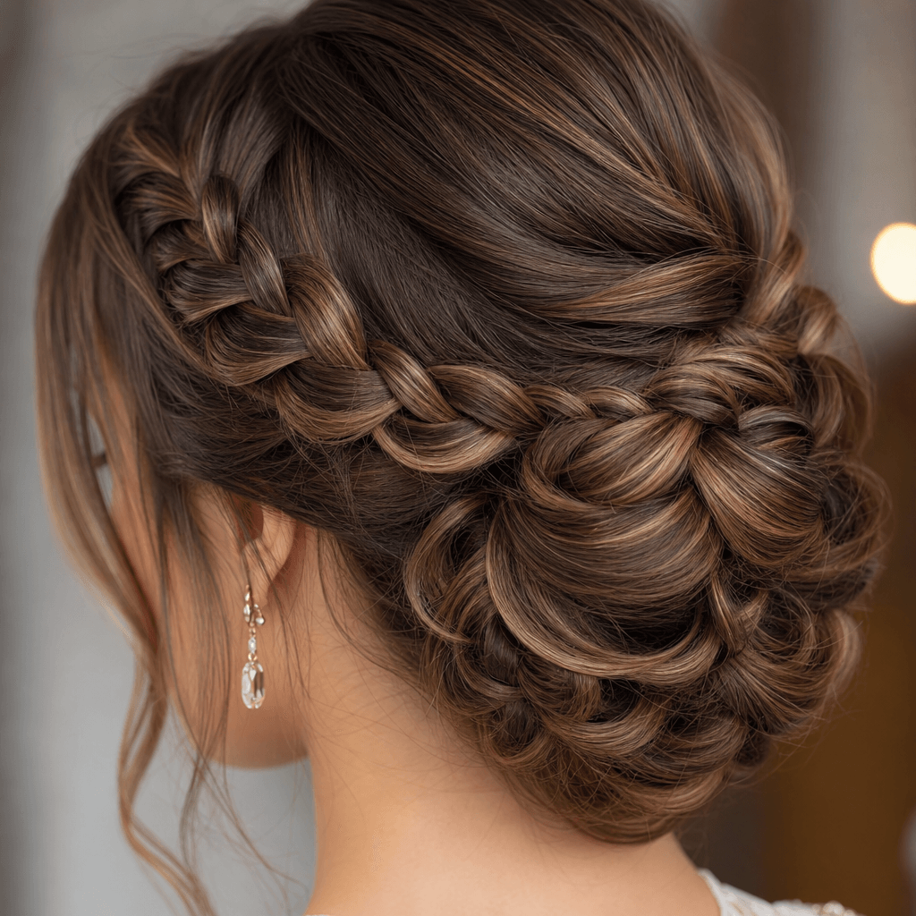 Close-up of intricate braided updo hairstyle, detailed texture, professional salon styling, elegant presentation.