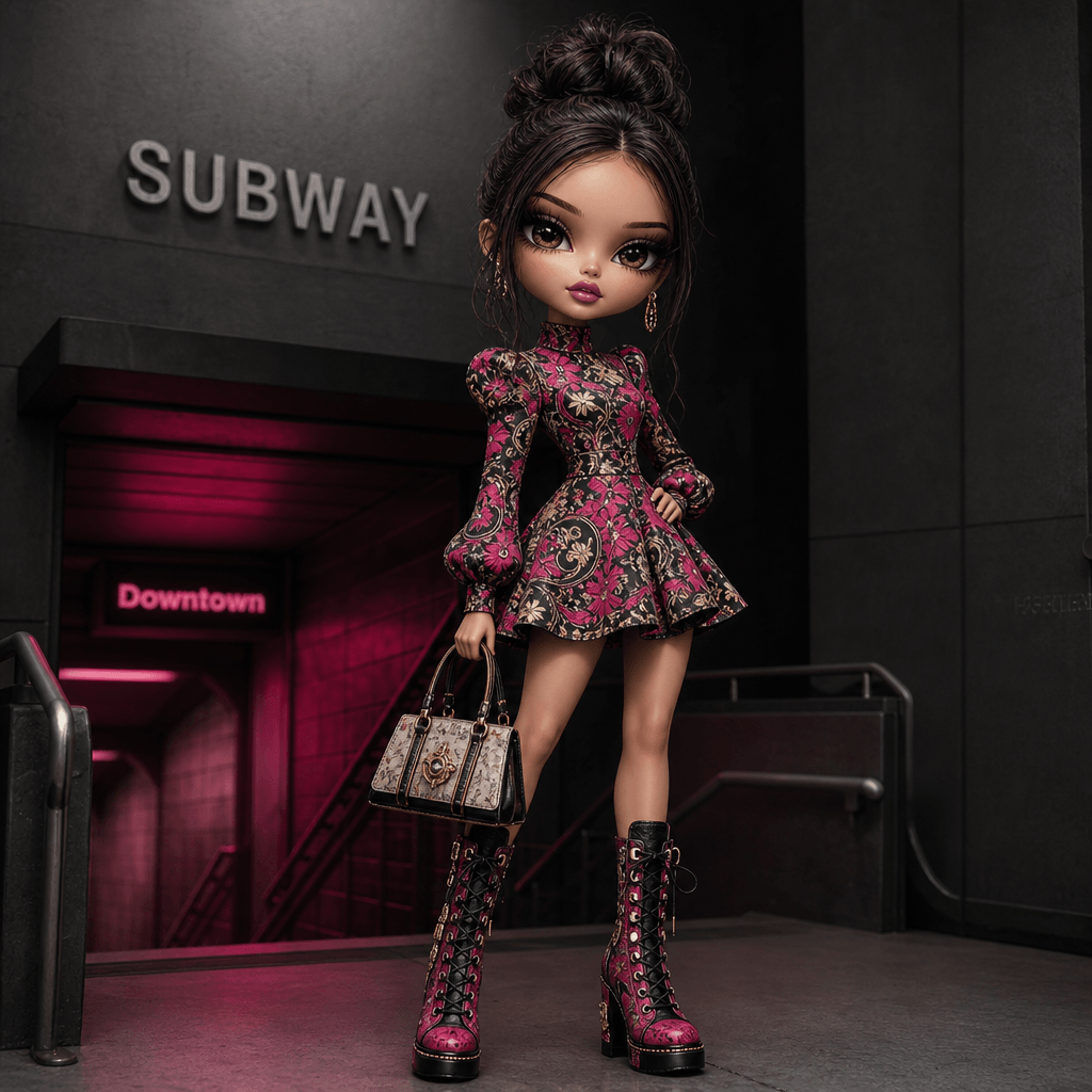 Big-head fashion character in a vibrant patterned dress with a structured handbag and bold boots, posed near a minimal s
