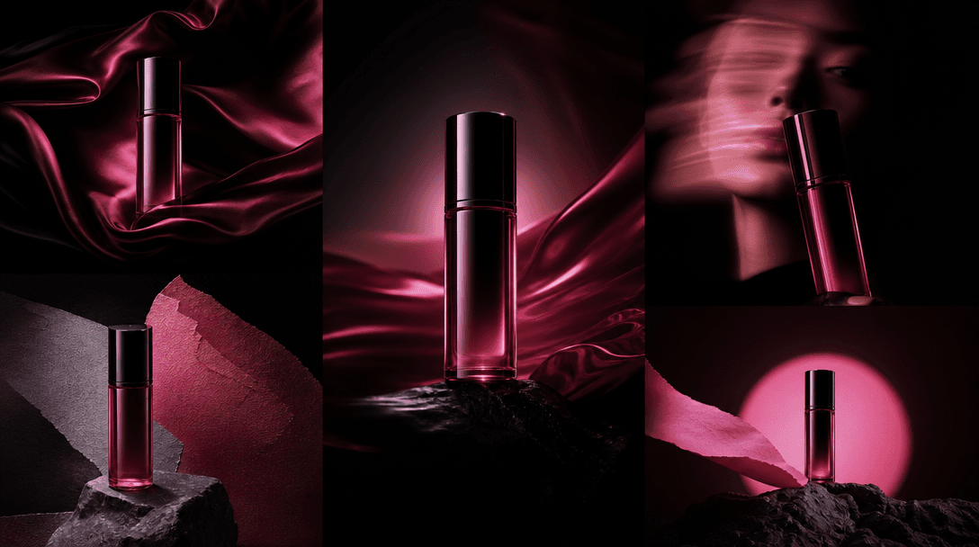 One central beauty product echoed through layered campaign scenes using silk, projected light, paper textures, and cinem