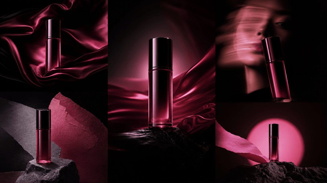 One central beauty product echoed through layered campaign scenes using silk, projected light, paper textures, and cinem