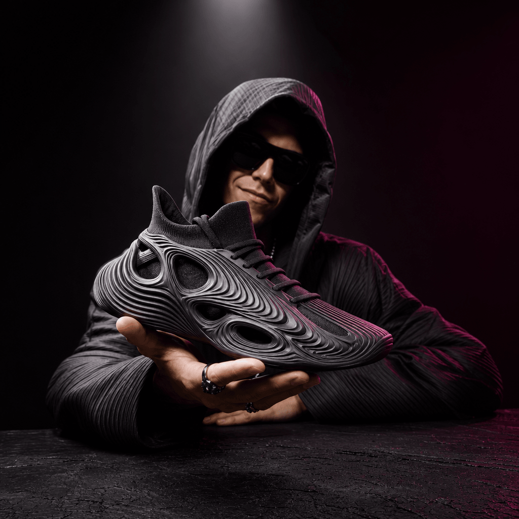 A stylish anonymous creator presenting a sculptural sneaker toward the camera with a confident amused expression, dramat