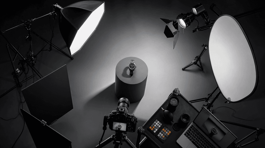 Professional studio scene: overhead view of high-end product photography setup with reflectors and lights, product cente