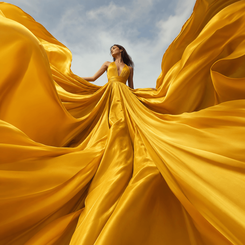 Premium dress billowing outward at giant scale, fabric texture detail, graceful movement, fashion editorial style.