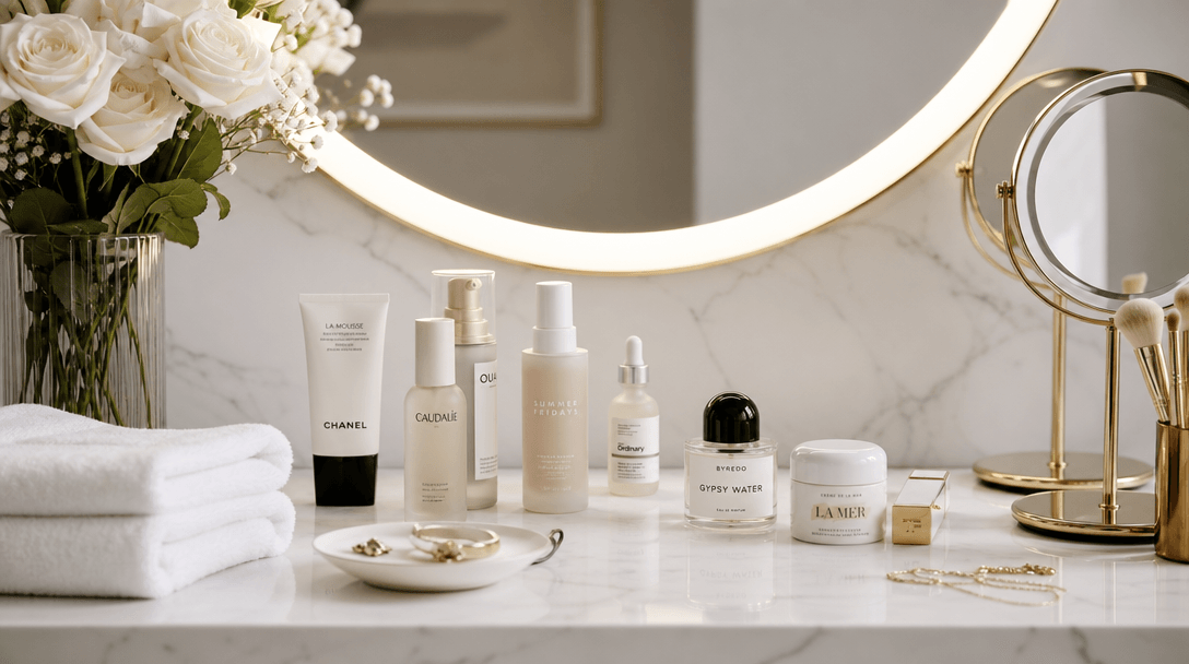 Beauty routine hero image: polished bathroom vanity or makeup counter with professional lighting setup. Soft diffused li