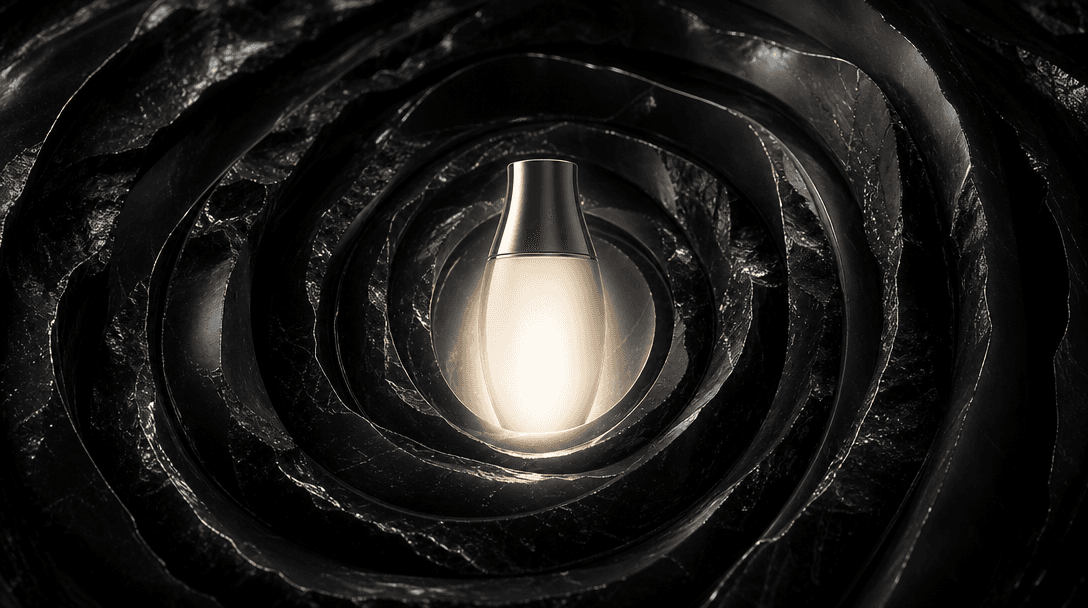 Concentric coils carved into glossy obsidian surrounding a single luminous product-shaped form, precise central composit