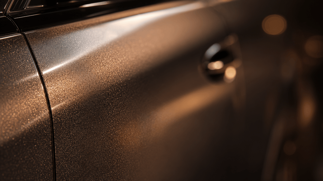 Abstract editorial texture for automotive visual quality theme: extreme close-up of a polished car door panel, hard raki