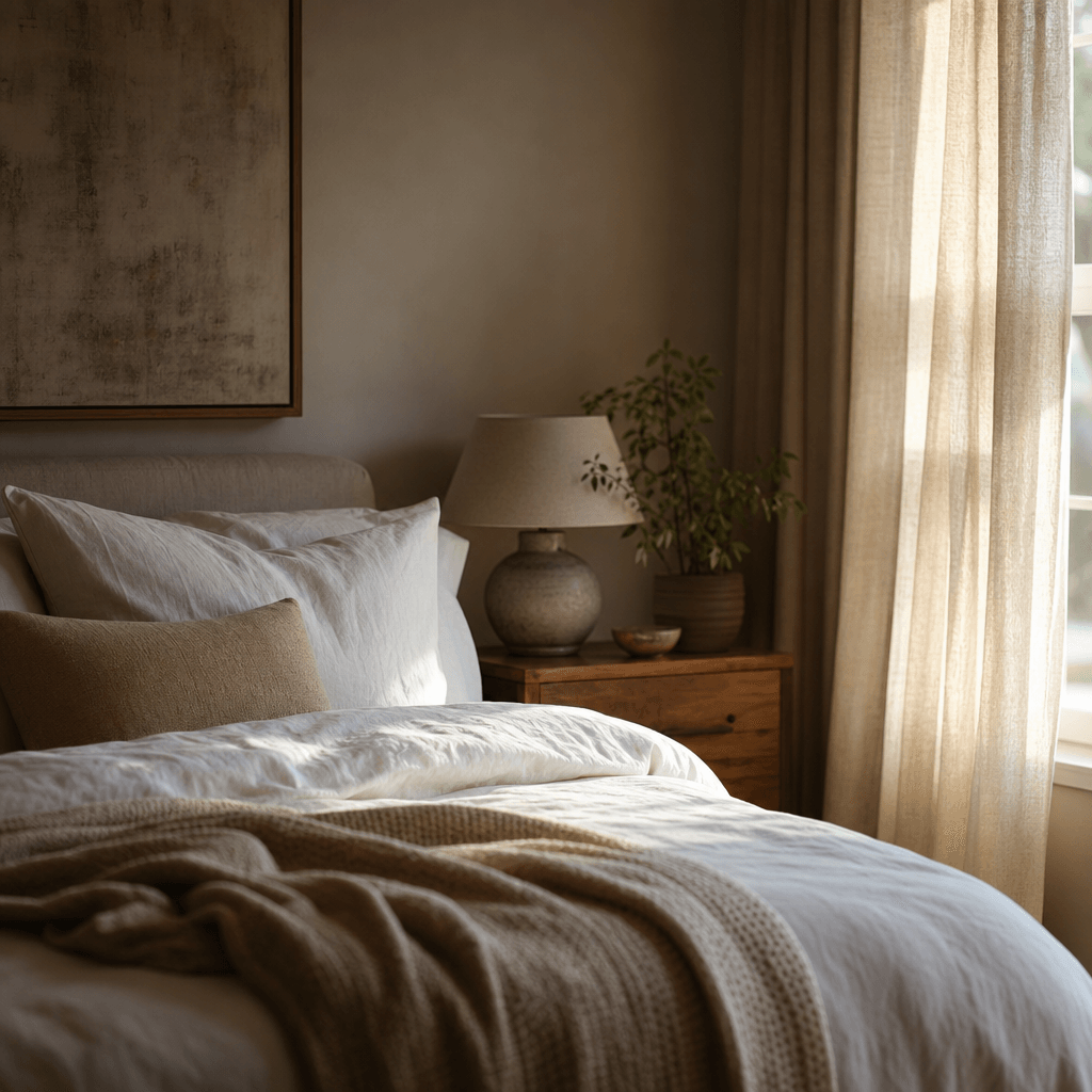 Cozy master bedroom interior, soft diffused morning light filtering through linen curtains onto white bedding and a wood