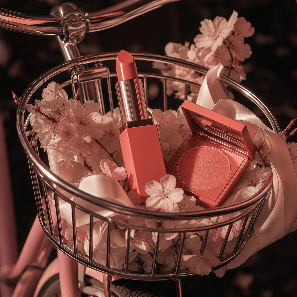 A coral lipstick case and small cosmetic compact resting in a polished metal bicycle basket with cherry blossoms and cre