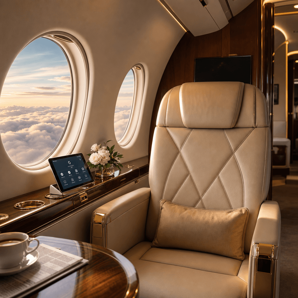 Private jet interior: comfortable leather seat, window showing clouds, luxury cabin details, warm sophisticated lighting