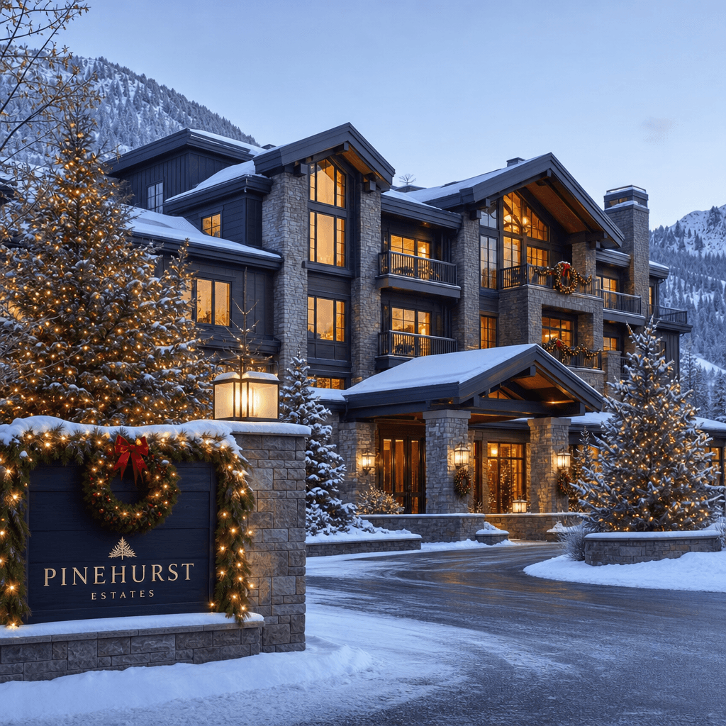 Building in winter landscape context. Snow on ground and trees, evergreen plantings, winter season mood. Holiday season