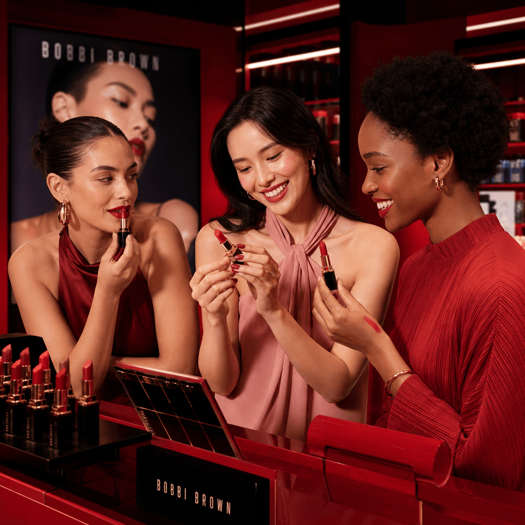 Three adult women gathered around a vivid beauty counter, each interacting with the same lipstick product in a different