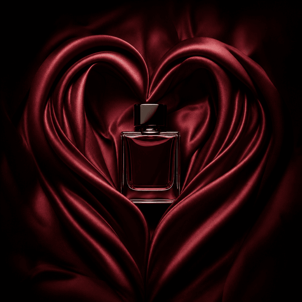 A minimalist fragrance bottle nestled inside a heart formed from deep burgundy silk, photographed from above. Cinematic