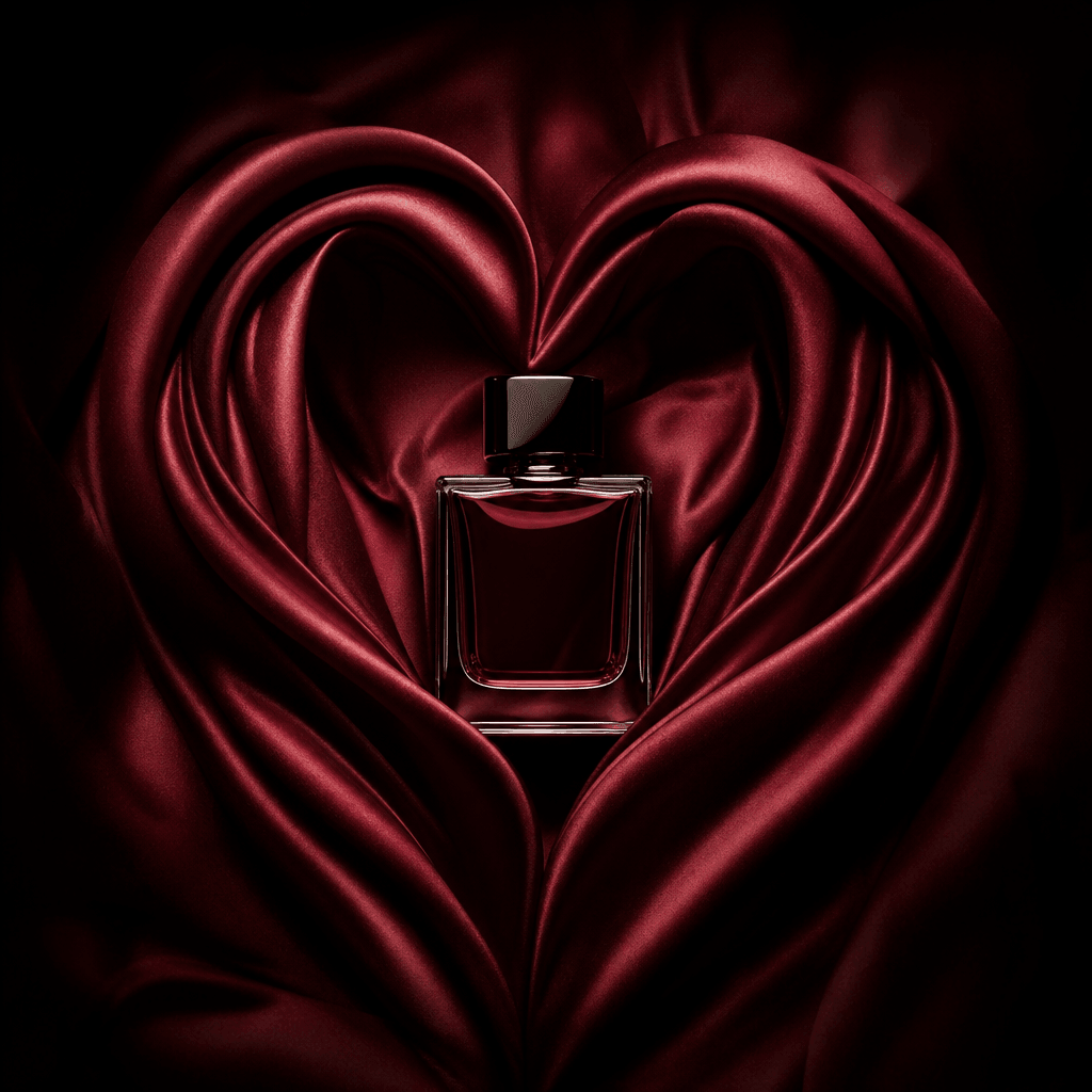 A minimalist fragrance bottle nestled inside a heart formed from deep burgundy silk, photographed from above. Cinematic