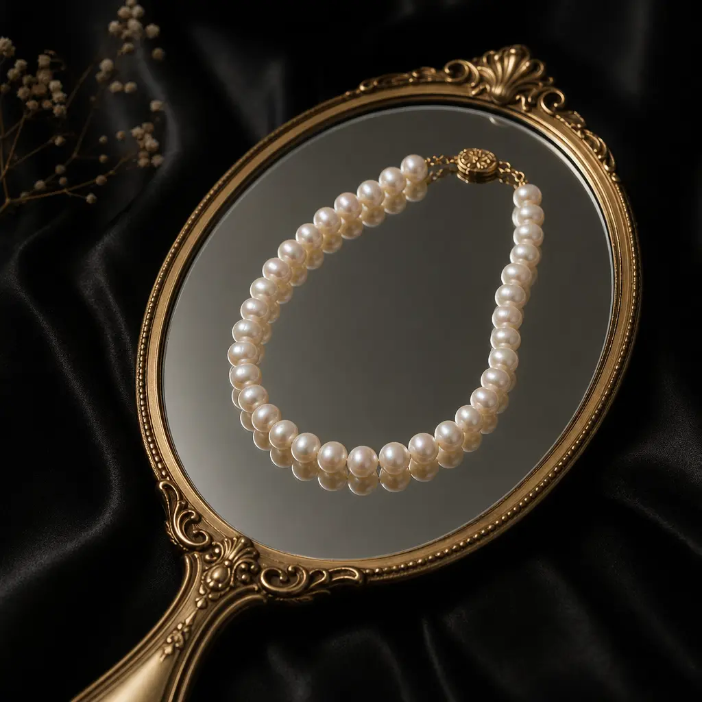 A hand mirror showcasing a pearl necklace, with a dark background and soft highlights to draw attention to the elegance