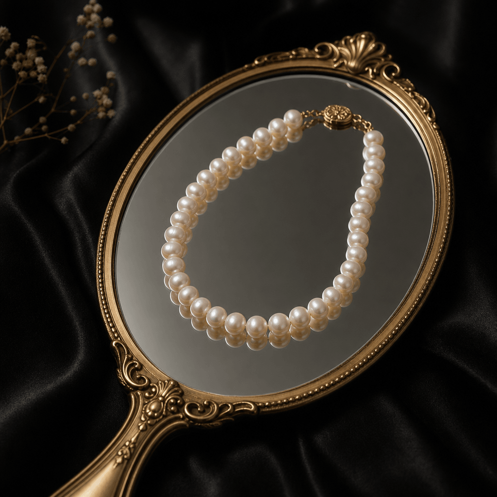 A hand mirror showcasing a pearl necklace, with a dark background and soft highlights to draw attention to the elegance