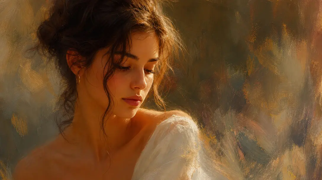 Blending of portrait photography with oil painting technique, warm color grading transitions, soft golden light, artisti