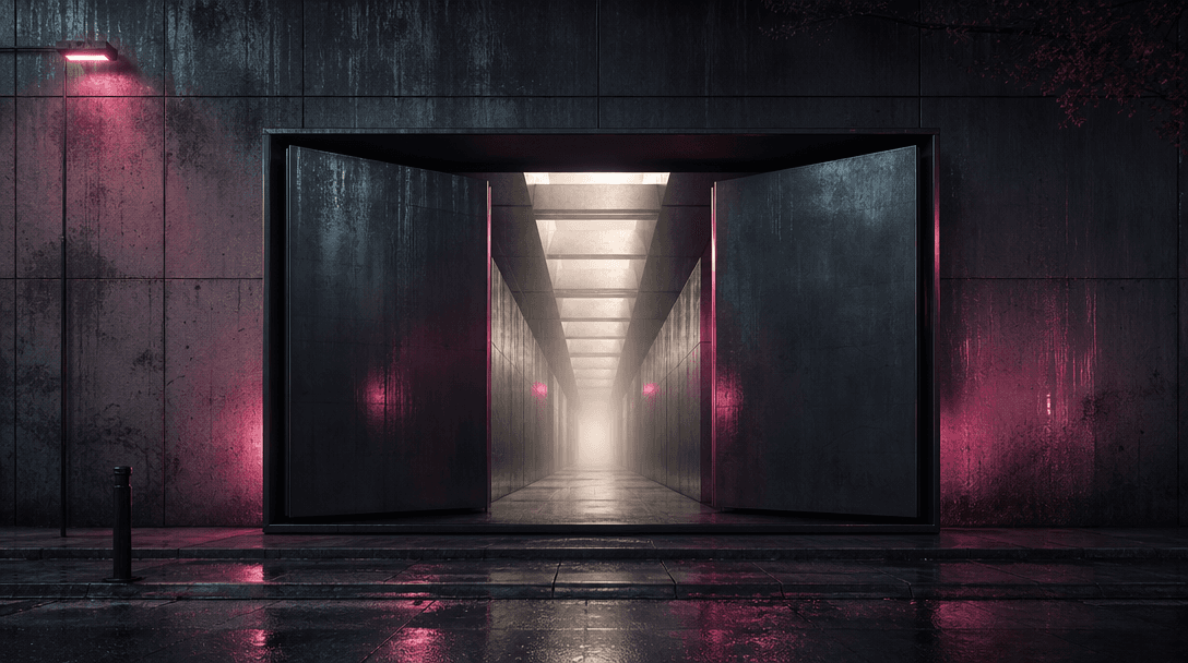 An ordinary urban advertising panel splitting open into a deep architectural passage, with rain, concrete, brushed metal