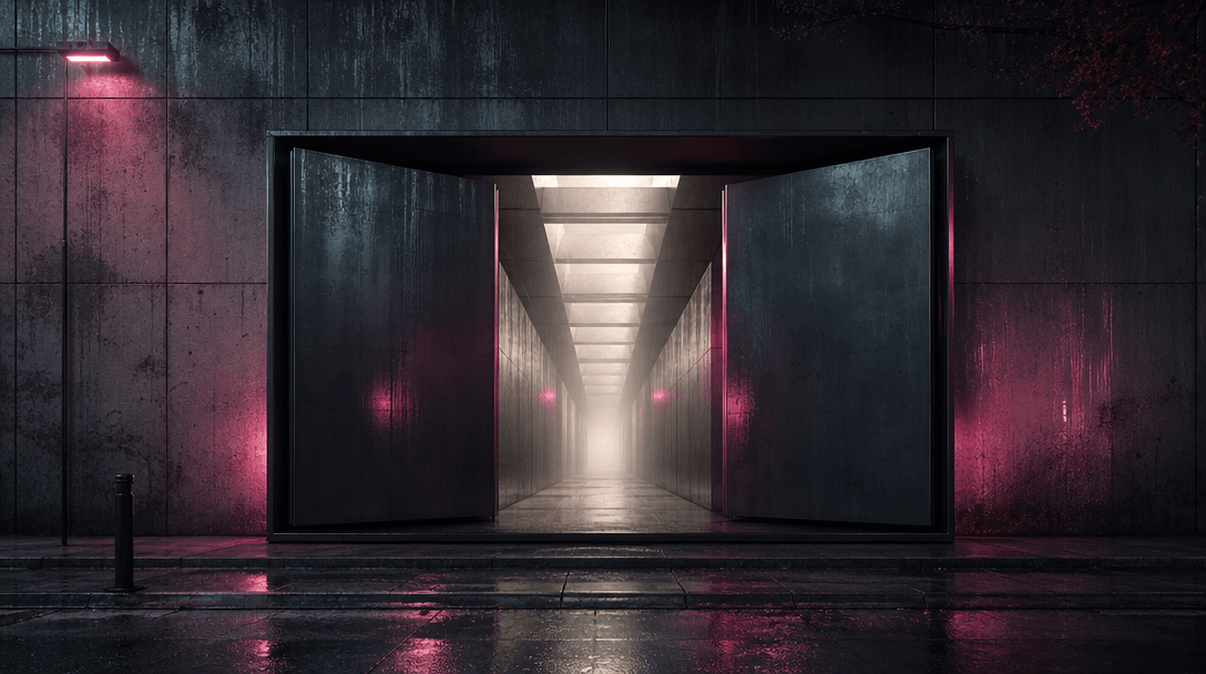 An ordinary urban advertising panel splitting open into a deep architectural passage, with rain, concrete, brushed metal