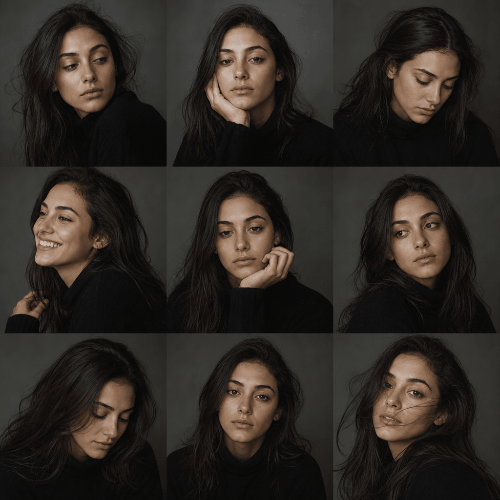 Editorial portrait pose four, final angle variation, complete range of expressions, studio quality portrait, contemplati