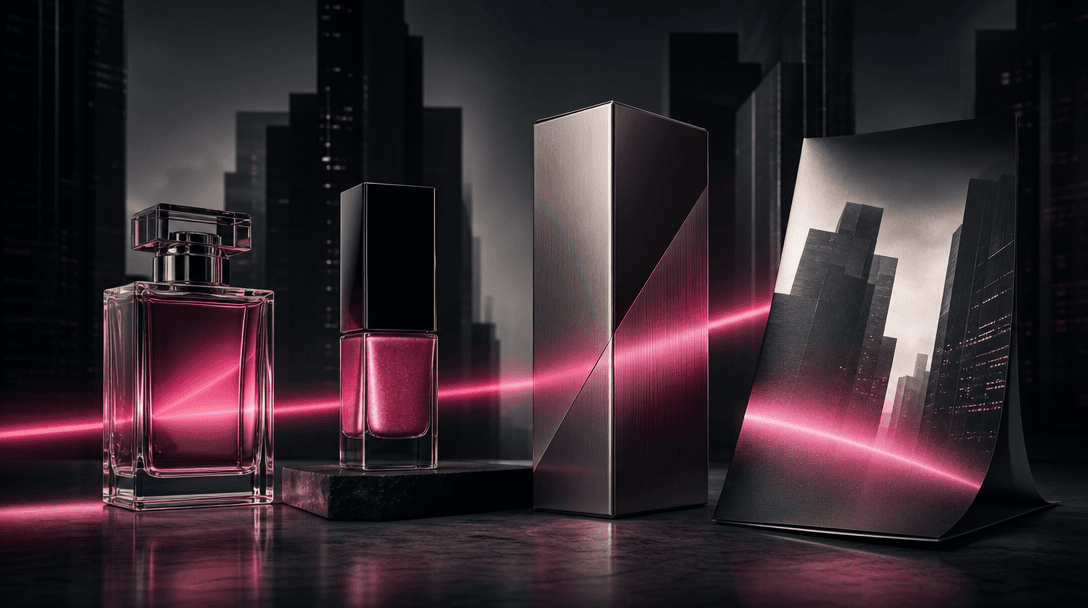 Four coordinated beauty campaign objects arranged across a dark city-inspired studio set: perfume glass, cosmetic lacque
