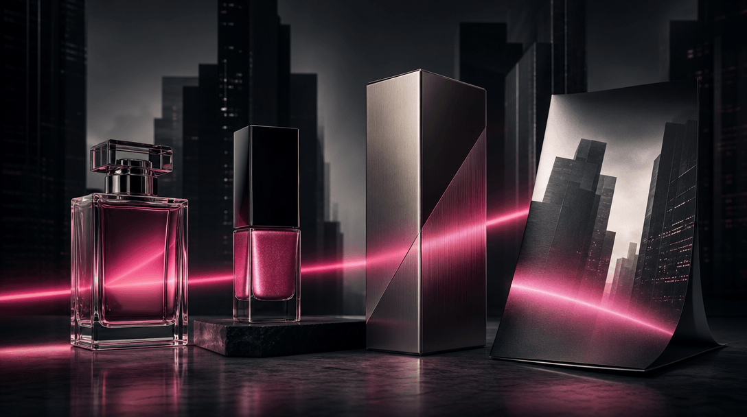 Four coordinated beauty campaign objects arranged across a dark city-inspired studio set: perfume glass, cosmetic lacque