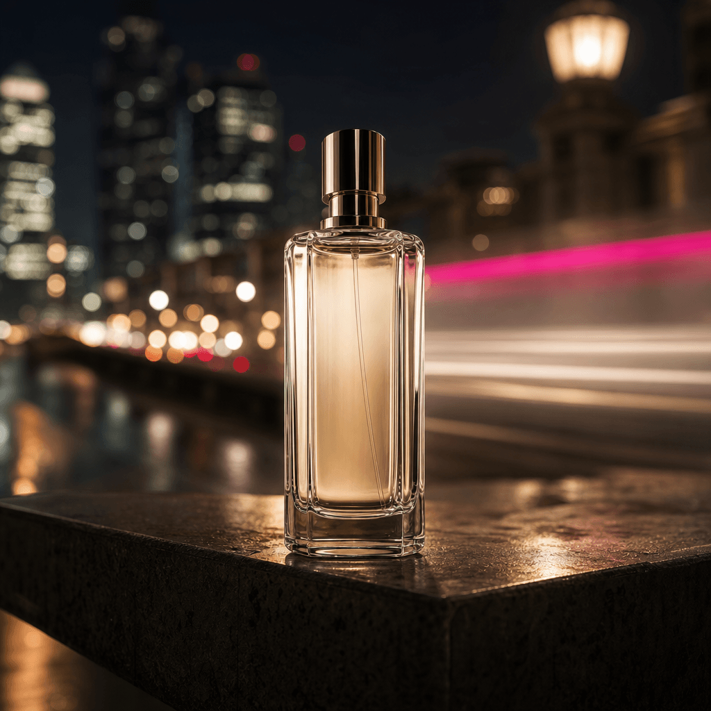 A travel fragrance bottle standing on a dark stone ledge with blurred city lights and gentle motion streaks behind it, e