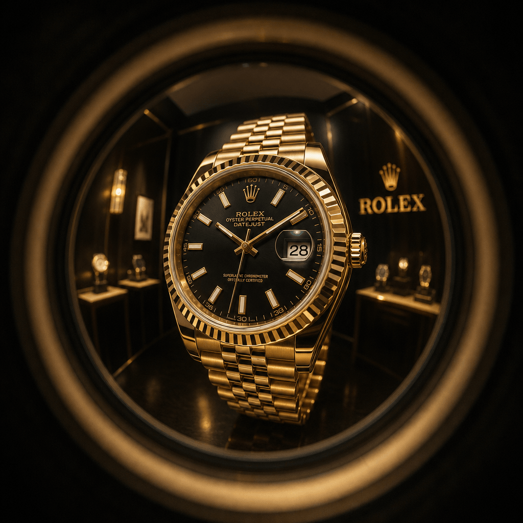 Gold luxury watch viewed through fisheye peephole effect, dark refined background, warm metallic highlights, elegant pro