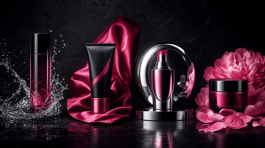 Four coordinated beauty products arranged as a campaign family across a dark studio table, each surrounded by a differen